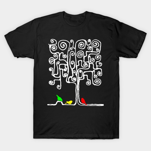 Three Little Birds Swirling Tree T-Shirt by LionTuff79
